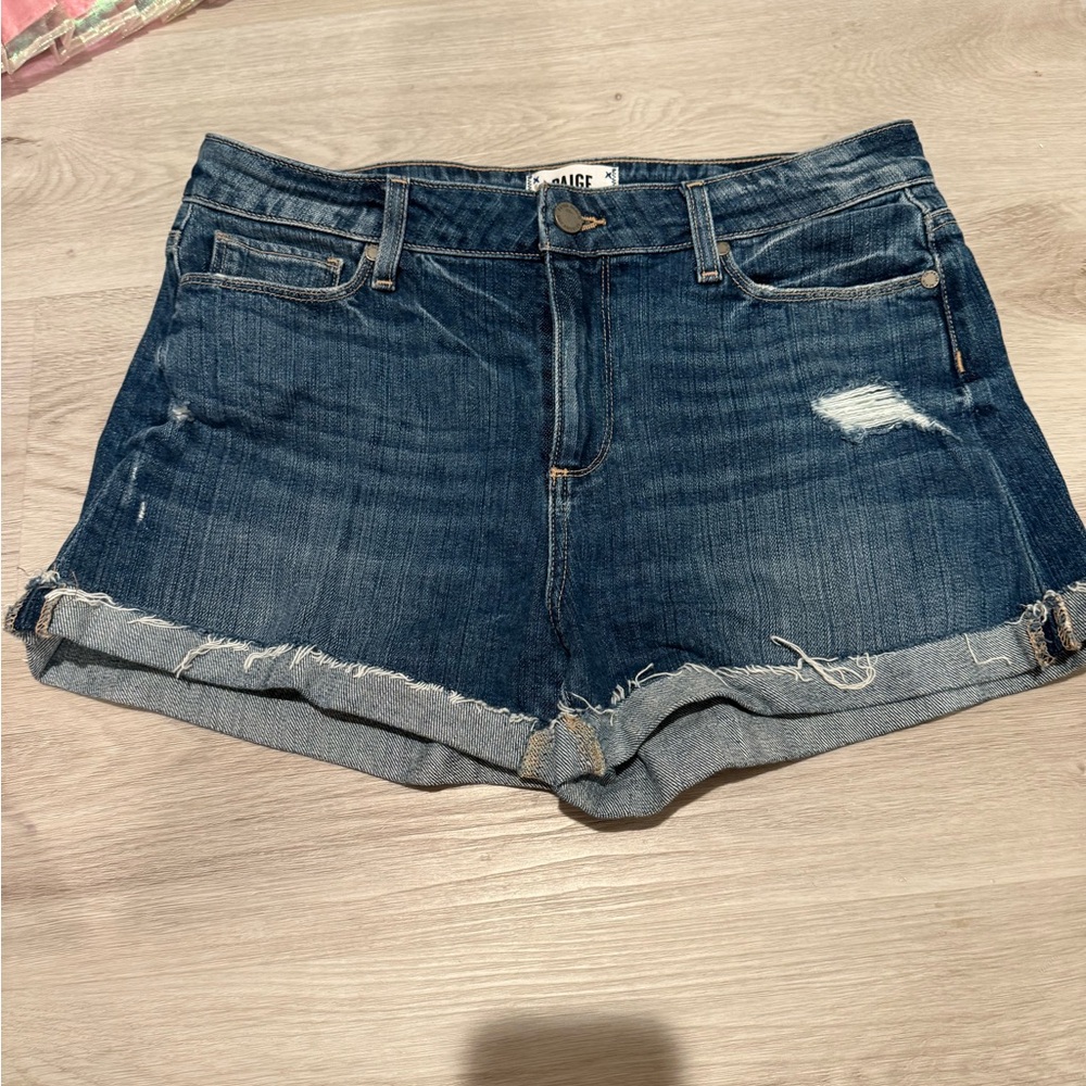 PAIGE Blue Distressed Jean Shorts Cuffed
